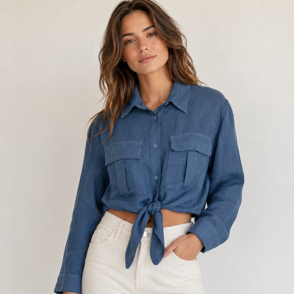 Linen Luv XS 100% Linen Blue Tie Front Crop Shirt Made in Italy TP1297 Utility
